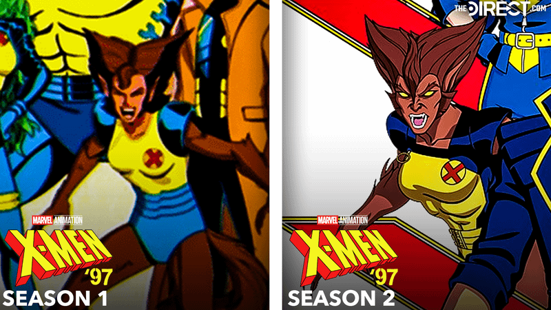 Wolfsbane in yellow and blue costume in 'X-Men '97' Season 1, Wolfsbane in yellow and blue long-sleeved costume in 'X-Men '97 Season 2.