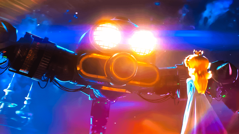 Megaleg with its eyes lit up looking down at Rosalina in The Super Mario Galaxy Movie.