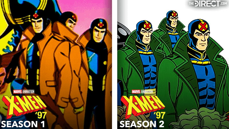 Multiple Man in blue and yellow costume with brown trench coat in 'X-Men '97' Season 1, Multiple Man in blue and yellow suit with X-labled headpiece and green trench coat in 'X-Men '97' Season 2.