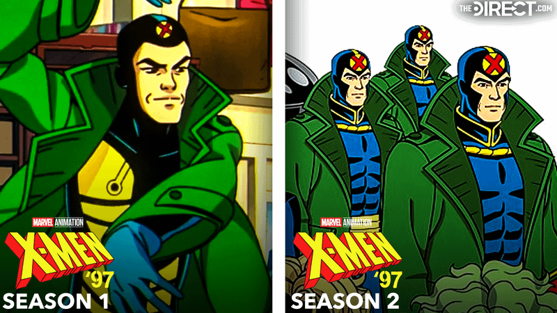 Multiple Man in yellow and black costume with green trench coat in 'X-Men '97' Season 1, Multiple Man in blue and yellow suit with X-labled headpiece and green trench coat in 'X-Men '97' Season 2.