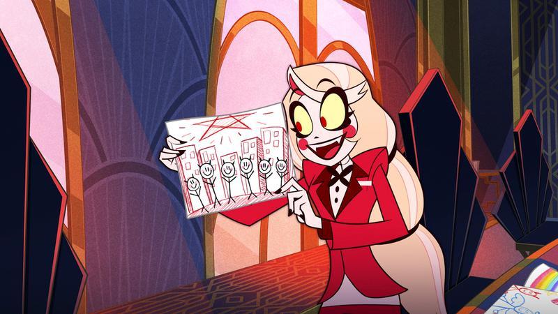 Charlie Morningstar holding up a picture in Hazbin Hotel