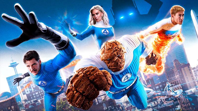 The cast of the Fantastic Four flying toward the camera in Fantastic Four: First Steps