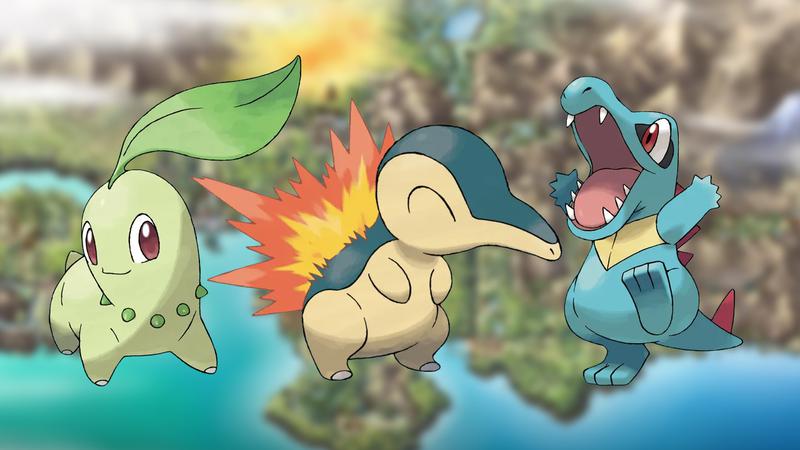 Chikorita, Cyndaquil, and Totadile with a Pokemon map behind them