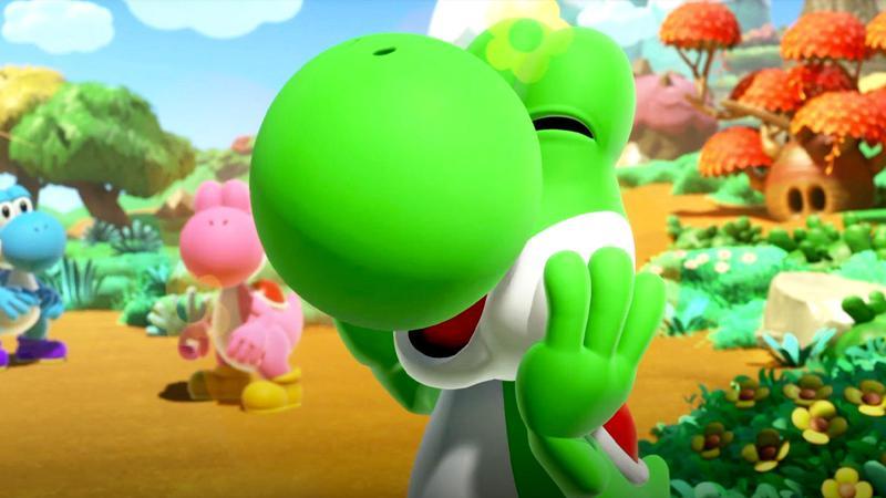 Yoshi smiling and holding his hands up to his face in Yoshi and the Mysterious Book
