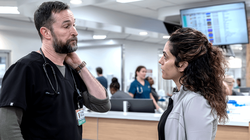 Noah Wyle as Dr. Robby & Sepideh Moafi as Dr. Al-Hashimi in The Pitt Season 2, Episode 14.