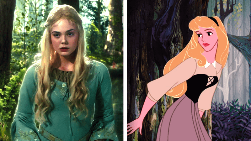 Elle Fanning as Aurora and the animated Aurora.