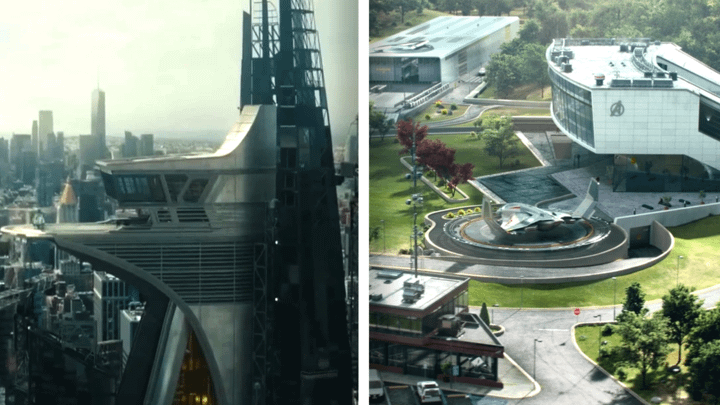 Avengers Tower on the left and Avengers Compound on the right.
