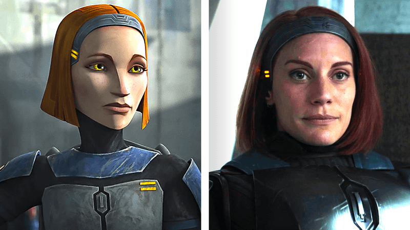 Bo-Katan Kryze in The Clone Wars alongside Katee Sackhoff's live action portrayal in The Mandalorian.
