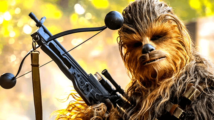 Chewbacca holding his bowcaster.