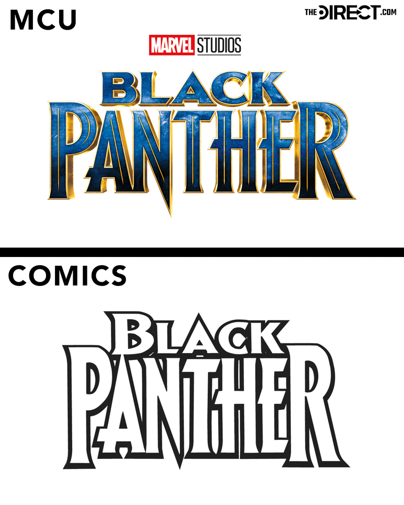 Two images. First: The M.C.U's Black Panther logo. It is sharp, with precise and pointed angles, with a three-dimensional gold outline and filled with a textured blue. There are also gold accent lines in the lettering. Second: The same logo, but in black-and-white and with letters spaced slightly closer together.
