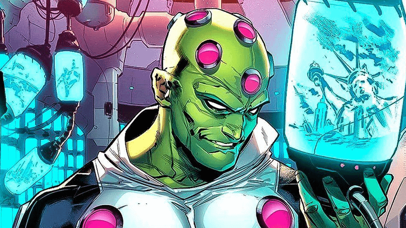 Brainiac, the main villain in Superman 2, holds a jar containing a shrunken city in DC Comics.