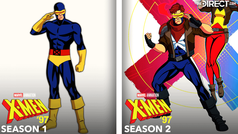 Cyclops blue and yellow costume in 'X-Men '97' Season 1 without yellow straps, Cyclops blue costume with leather jacket in 'X-Men '97' Season 2.