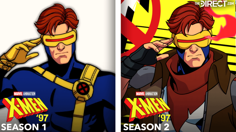 Cyclops blue and yellow costume in 'X-Men '97' Season 1 close up, Cyclops blue costume with leather jacket in 'X-Men '97' Season 2 close up.