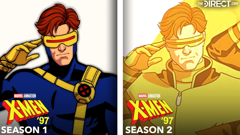 Cyclops blue and yellow costume in 'X-Men '97' Season 1 close up, Cyclops costume with yellow hue from 'X-Men '97' Season 2.