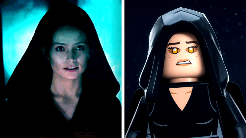 A comparison of Darth Rey in LEGO and live-action