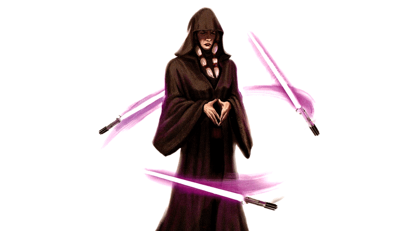 Star Wars Darth Traya from Knights of the Old Republic II and three floating purple lightsabers