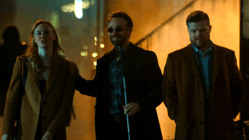 Deborah Ann Woll as Karen Page, Charlie Cox as Matt Murdock, Elden Hensen as Foggy Nelson in Daredevil: Born Again