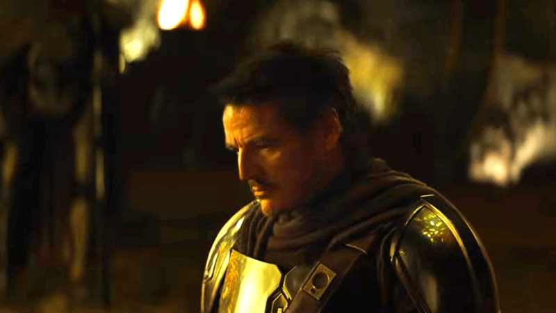 Pedro Pascal's Din Djarin looking stressed in The Mandalorian & Grogu trailer.