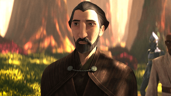 Count Dooku standing in a forest in front of Mace Windu.