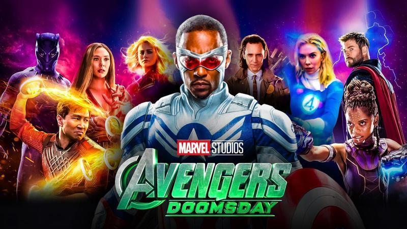 The Avengers from Avengers Doomsday all standing together with Anthony Mackie's Captain America standing at the front
