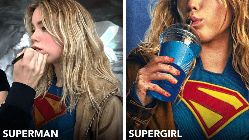 A comparison of the 'S' symbol on Milly Alcock's Supergirl costume in Superman and Supergirl