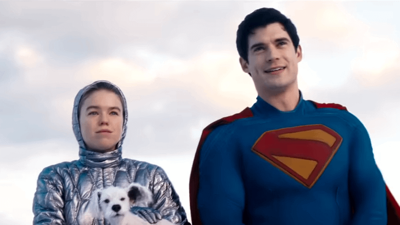 Milly Alcock as Kara Zor-el, Krypto, David Corenswet as Superman in Supergirl.