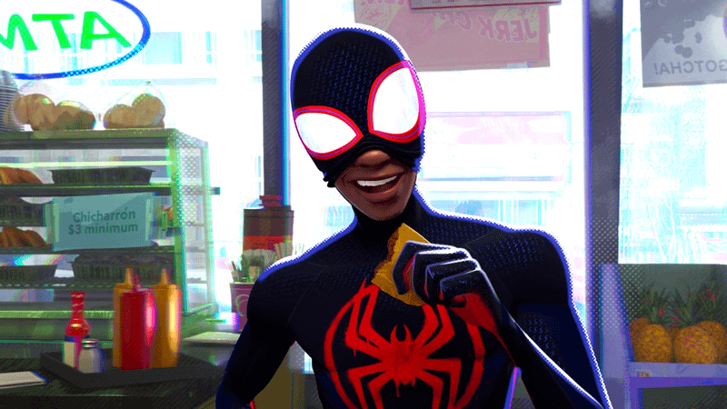 Miles Morales with his mask pulled up half way.
