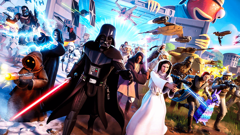 Star Wars characters walking through a portal in Fortnite.