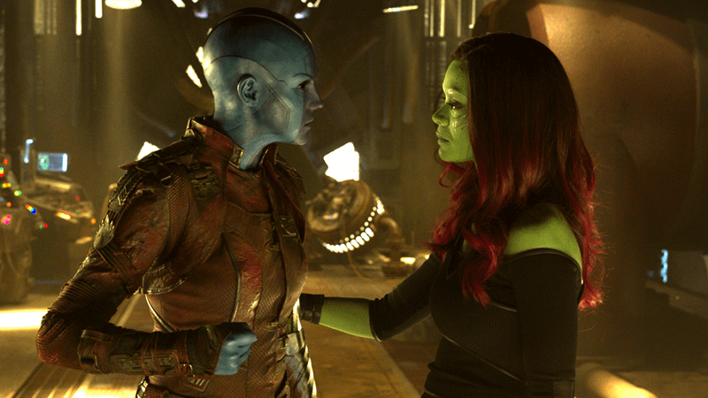 Karen Gillan as Nebula and Zoe Saldana as Gamora in Guardians of the Galaxy Vol. 2