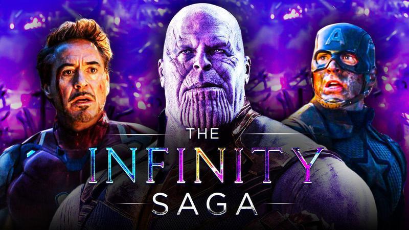 Iron Man, Captain America, and Thanos with the Infinity Saga logo in front of them