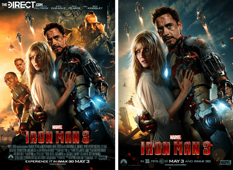 Iron Man 3 poster with multiple characters alongside another variation with less characters.
