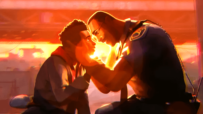 Jefferson Davis and Miles Morales embracing in Spider-Man: Beyond the Spider-Verse.