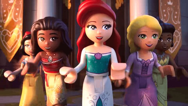 LEGO figures of Snow White, Moana, Ariel, Rapunzel, and Tiana from 