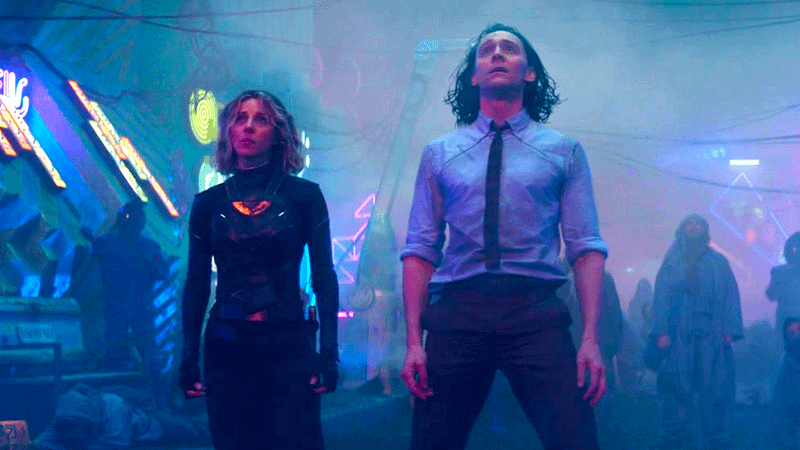 Loki and Sylvie looking up in the Disney+ series.