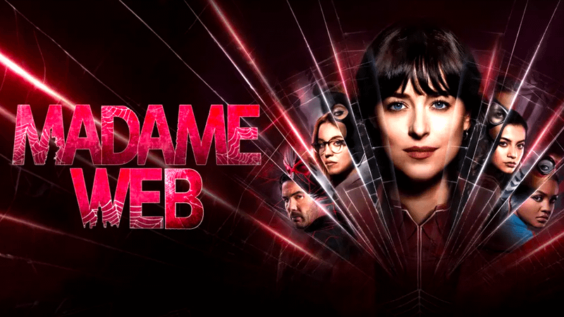 The Madame Web key art featuring the cast of the movie next to its logo
