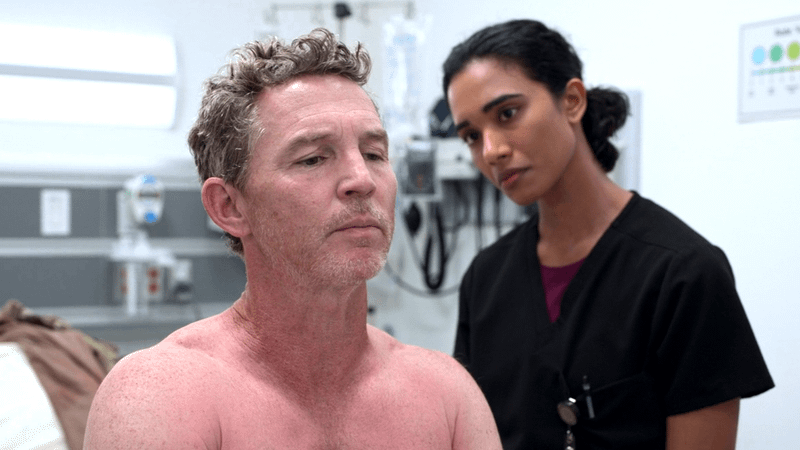 Shawn Hatosy as Dr. Jack Abbot & Supriya Ganesh as Dr. Mohan in The Pitt Season 2, Episode 7.