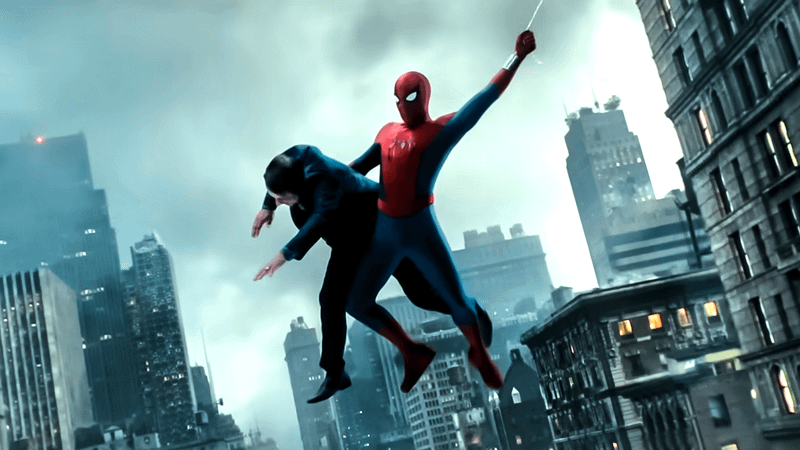 Spider-Man saving someone while swinging.