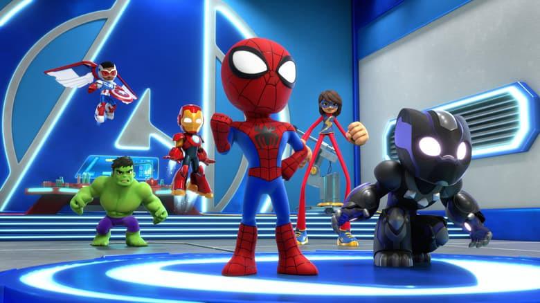 Captain America (Sam Wilson), Hulk, Iron Man, Spider-Man, Ms. Marvel, and Black Panther from Spidey and His Amazing Friends and Iron Man and his Awesome Friends on Disney+