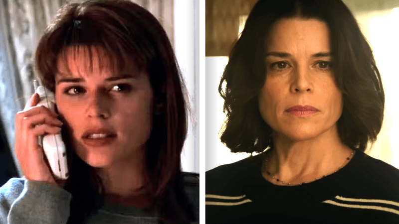 Neve Campbell as Sidney Prescott in Scream 1 and now.