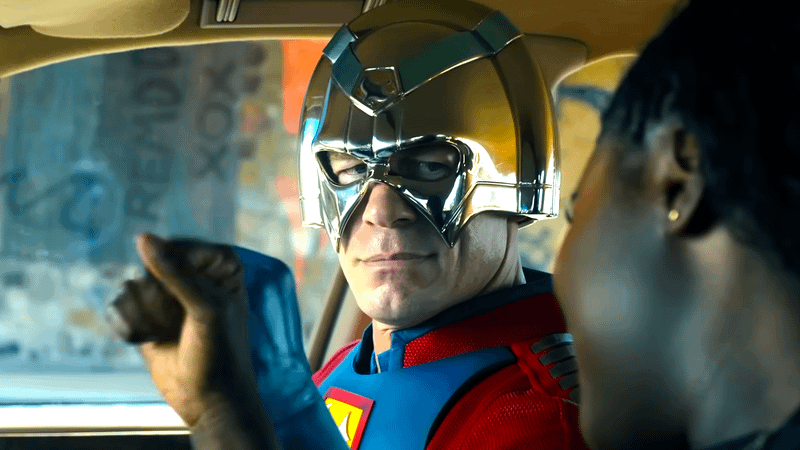 John Cena as Peacemaker wearing his chrome helmet in Peacemaker