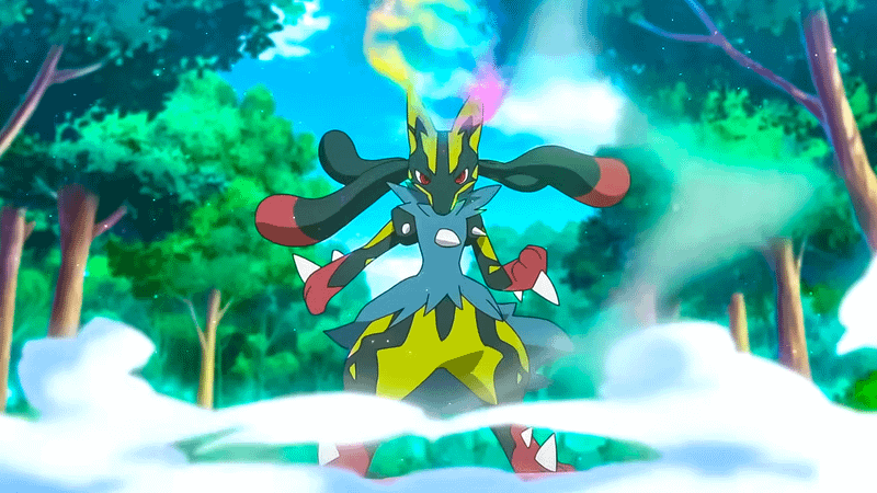 The yellow Lucario standing in mist in Pokemon Horizons
