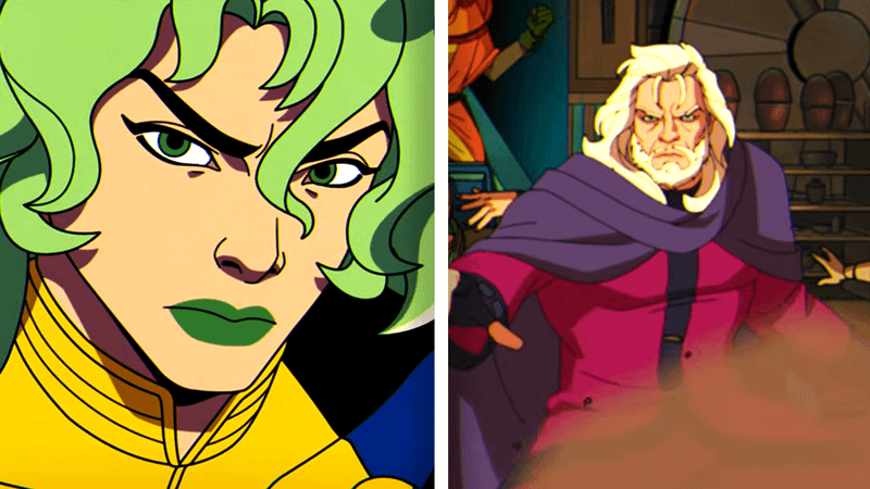 Polaris in yellow and blue outfit with green hair in 'X-Men '97,' Magneto with beard and red/purple outfit in 'X-Men '97.'