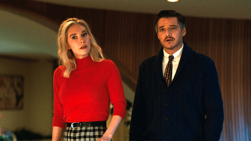 Vanessa Kirby as Sue Storm and Pedro Pascal as Reed Richards in The Fantastic Four: First Steps