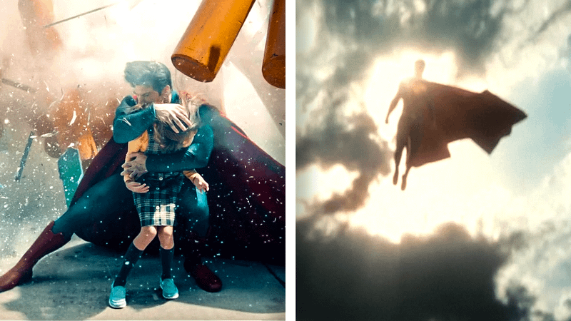 David Corenswet's Superman saving a girl in 'Superman,' Henry Cavill's Superman floating in the sky in 'Batman v Superman: Dawn of Justice.'