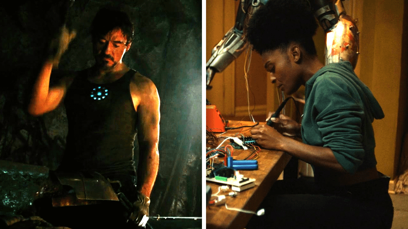 Tony Stark and Riri Williams building Iron Man suits