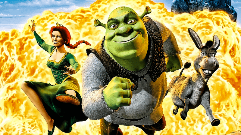 Shrek poster, Shrek Fiona and Donkey with explosion.