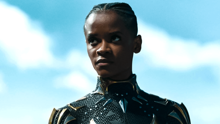 Shuri wearing the Black Panther suit.