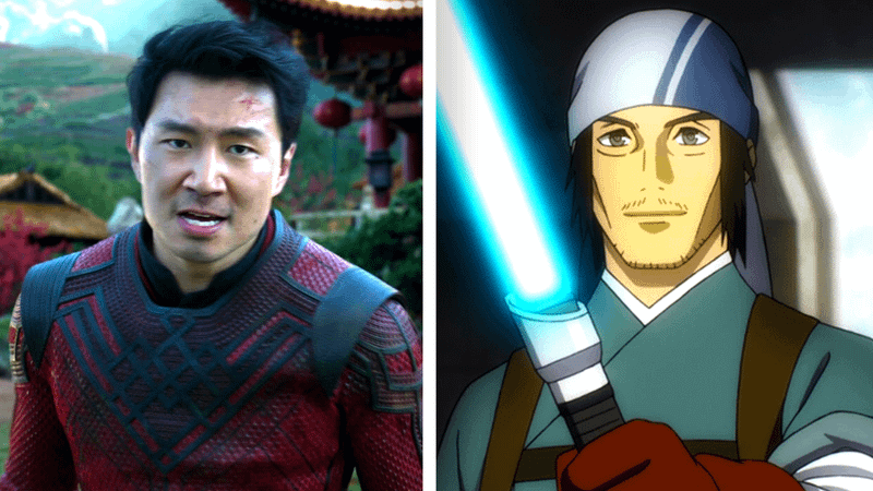 Simu Liu as Shang-Chi alongside his Lah Zhima character.