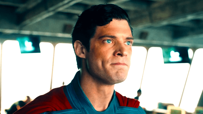 David Corenswet as Superman making a big speech in Superman