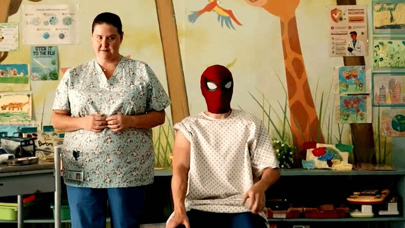 A deleted scene of Spider-Man in a hospital gown.